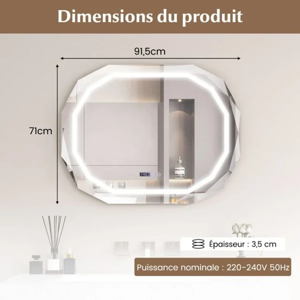 Miroir de Salle de Bain ovale avec LED Antibuée 3 Couleurs Fonction Mémoire Affichage Temps/Température Incassable