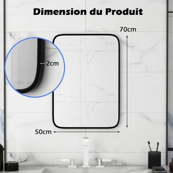 Miroir de Salle de Bain Rectangulaire 70x50cm Miroir avec Protection Incassable Vis d'Expansion Miroir Mural avec Cadre en Aluminium