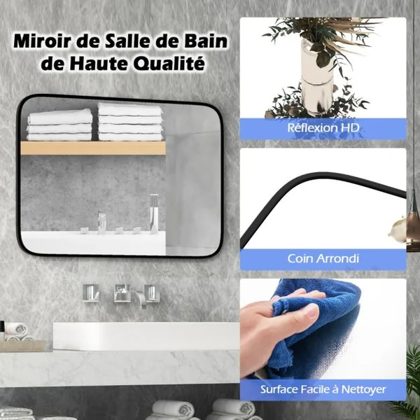 Miroir de Salle de Bain Rectangulaire 70x50cm Miroir avec Protection Incassable Vis d'Expansion Miroir Mural avec Cadre en Aluminium