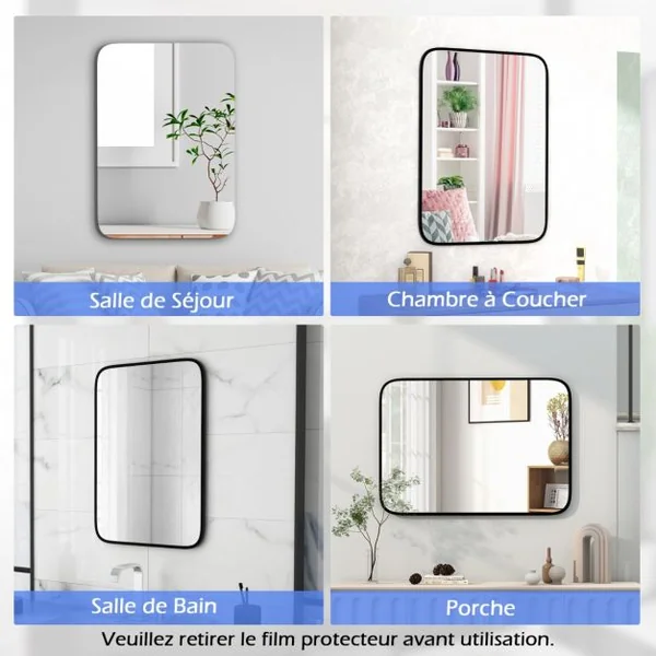 Miroir de Salle de Bain Rectangulaire 70x50cm Miroir avec Protection Incassable Vis d'Expansion Miroir Mural avec Cadre en Aluminium