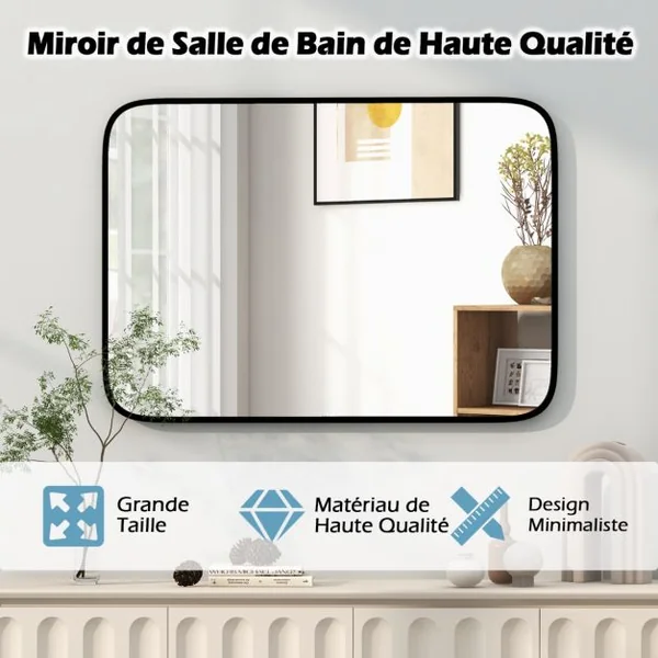 Miroir de Salle de Bain Rectangulaire 70x50cm Miroir avec Protection Incassable Vis d'Expansion Miroir Mural avec Cadre en Aluminium