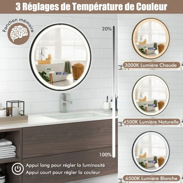 Miroir de Salle de Bain Rond LED Antibuée 3 Couleurs Fonction Mémoire Affichage Temps/Température Incassable Ø 60 cm