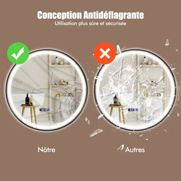 Miroir de Salle de Bain Rond LED Antibuée 3 Couleurs Fonction Mémoire Affichage Temps/Température Incassable Ø 60 cm