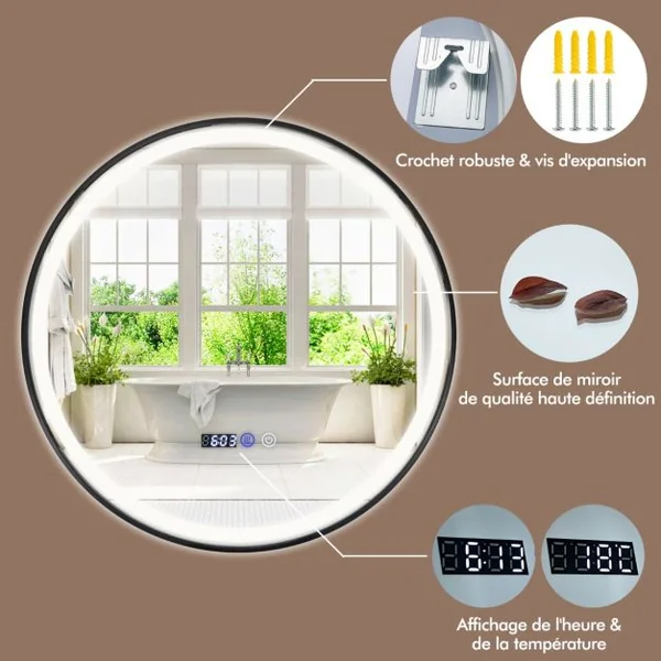 Miroir de Salle de Bain Rond LED Antibuée 3 Couleurs Fonction Mémoire Affichage Temps/Température Incassable Ø 60 cm