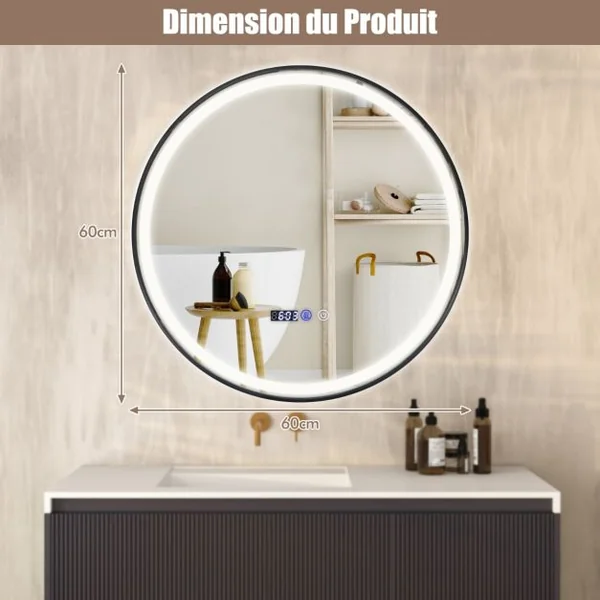 Miroir de Salle de Bain Rond LED Antibuée 3 Couleurs Fonction Mémoire Affichage Temps/Température Incassable Ø 60 cm
