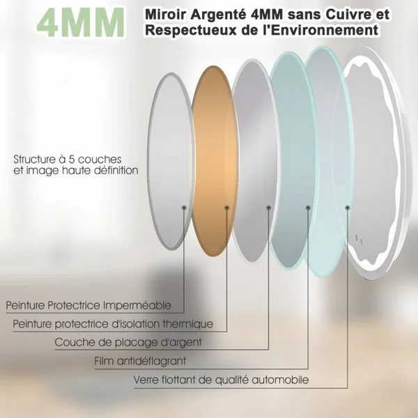 Miroir de Salle de Bain Rondeφ60cm LED 3 Couleurs Anti-Buée avec Fonction Mémoire Interrupteur Tactile Étanche IP65