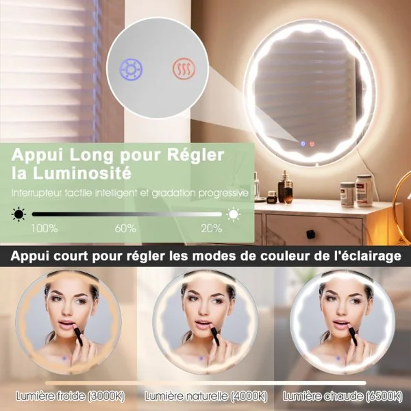 Miroir de Salle de Bain Rondeφ60cm LED 3 Couleurs Anti-Buée avec Fonction Mémoire Interrupteur Tactile Étanche IP65