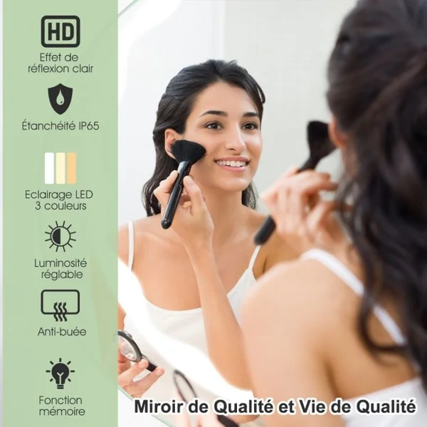 Miroir de Salle de Bain Rondeφ60cm LED 3 Couleurs Anti-Buée avec Fonction Mémoire Interrupteur Tactile Étanche IP65