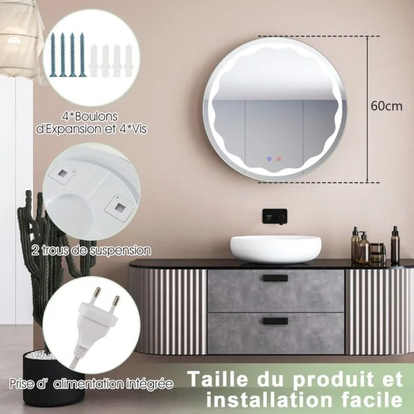 Miroir de Salle de Bain Rondeφ60cm LED 3 Couleurs Anti-Buée avec Fonction Mémoire Interrupteur Tactile Étanche IP65