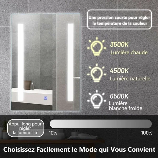 Miroir de Salle de Bain à LED 3 Couleurs 79,5 x 50,5CM Mirror Mural Cosmetic à Luminosité Réglable avec Bouton Tactile