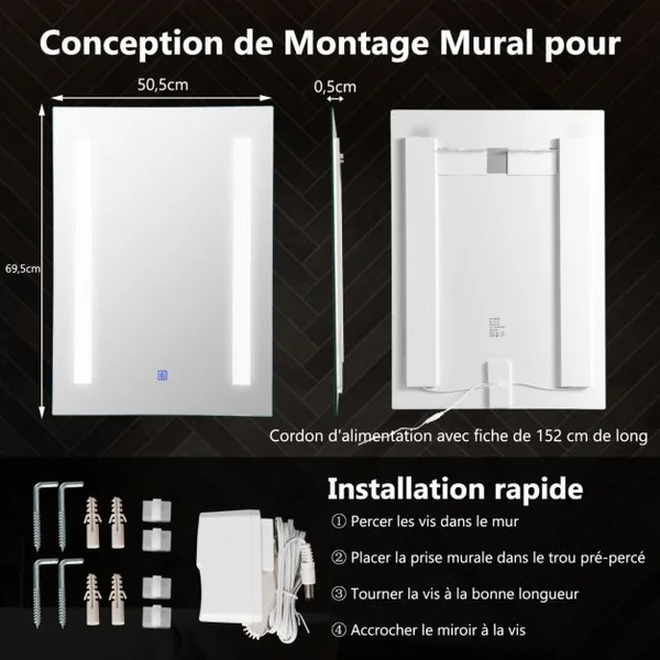 Miroir de Salle de Bain à LED 3 Couleurs 79,5 x 50,5CM Mirror Mural Cosmetic à Luminosité Réglable avec Bouton Tactile