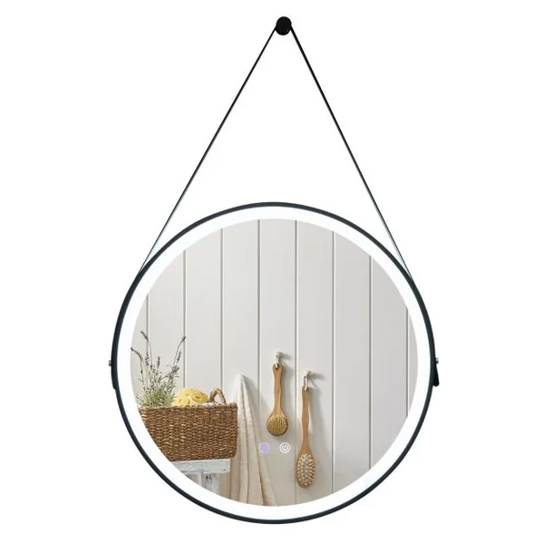 Miroir de Salle de Bain à LED Rond de 60 cm Éclairage Tricolore Anti-Buée Mémoire Miroir Mural Suspendu Sangle en Cuir