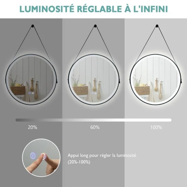 Miroir de Salle de Bain à LED Rond de 60 cm Éclairage Tricolore Anti-Buée Mémoire Miroir Mural Suspendu Sangle en Cuir