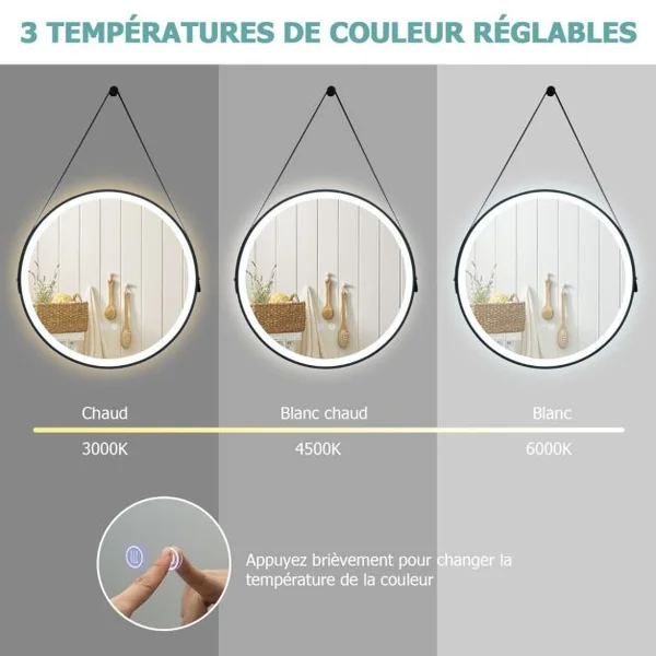 Miroir de Salle de Bain à LED Rond de 60 cm Éclairage Tricolore Anti-Buée Mémoire Miroir Mural Suspendu Sangle en Cuir