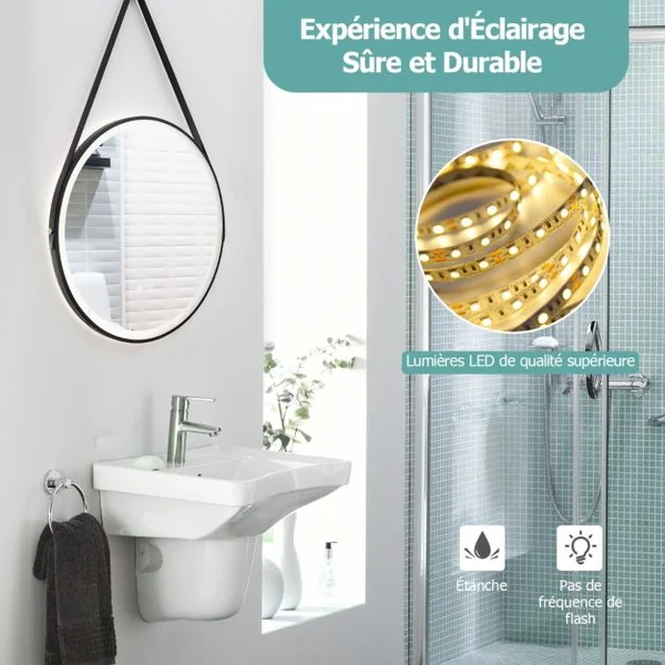 Miroir de Salle de Bain à LED Rond de 60 cm Éclairage Tricolore Anti-Buée Mémoire Miroir Mural Suspendu Sangle en Cuir