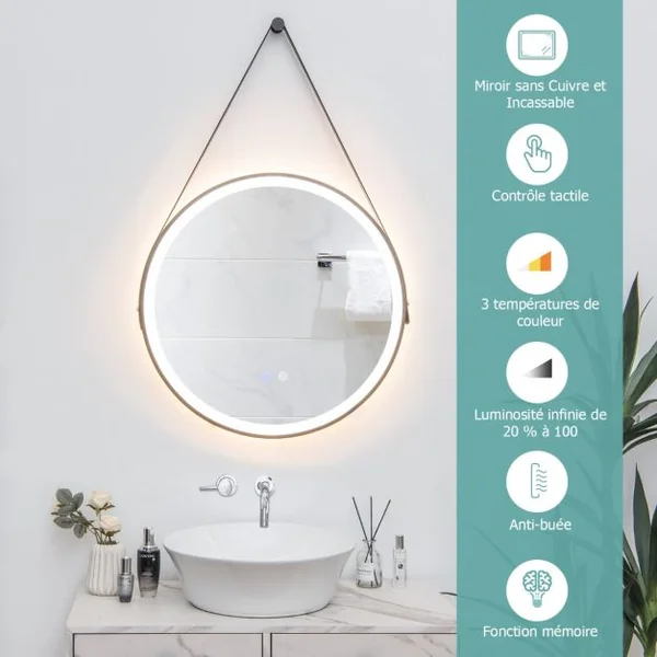 Miroir de Salle de Bain à LED Rond de 60 cm Éclairage Tricolore Anti-Buée Mémoire Miroir Mural Suspendu Sangle en Cuir