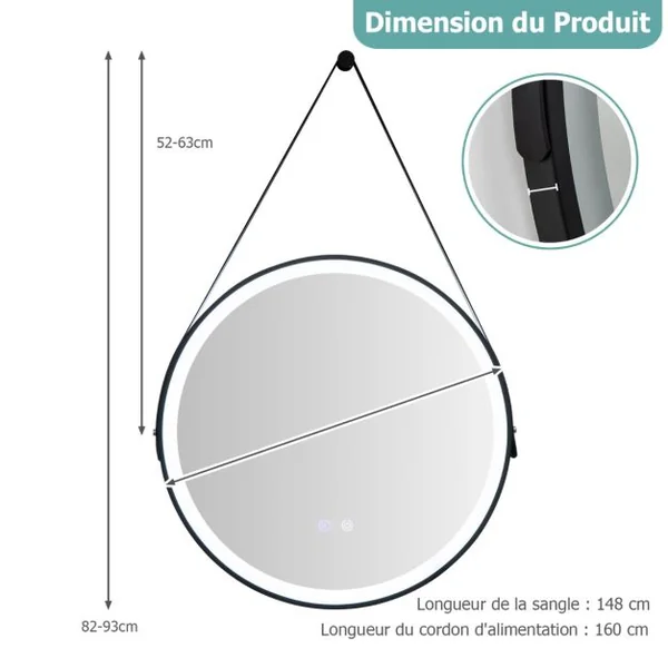Miroir de Salle de Bain à LED Rond de 60 cm Éclairage Tricolore Anti-Buée Mémoire Miroir Mural Suspendu Sangle en Cuir
