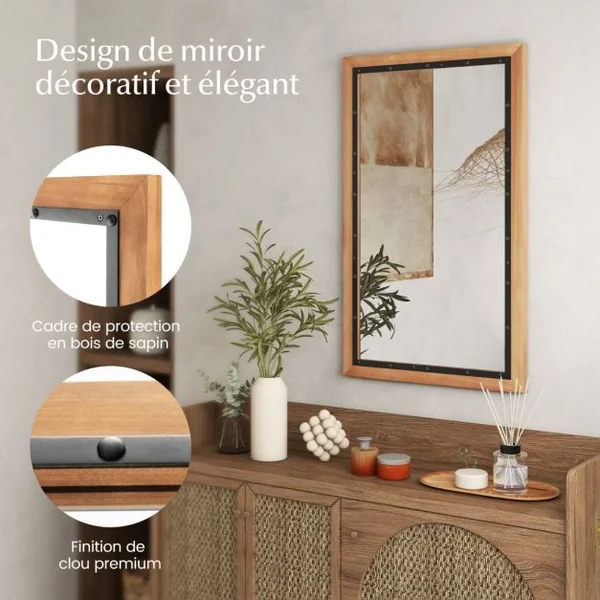 Miroir Décoratif à Cadre en Bois Miroir Mural Décoratif Rustique de 50 x 90 cm