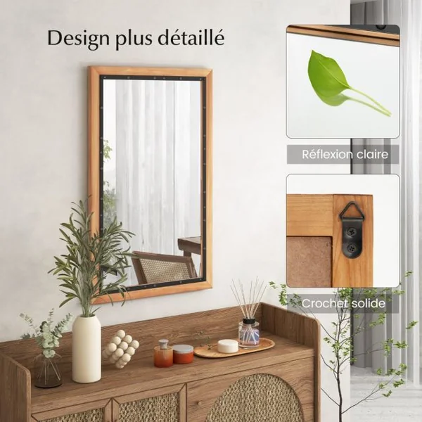 Miroir Décoratif à Cadre en Bois Miroir Mural Décoratif Rustique de 50 x 90 cm
