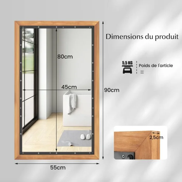 Miroir Décoratif à Cadre en Bois Miroir Mural Décoratif Rustique de 50 x 90 cm