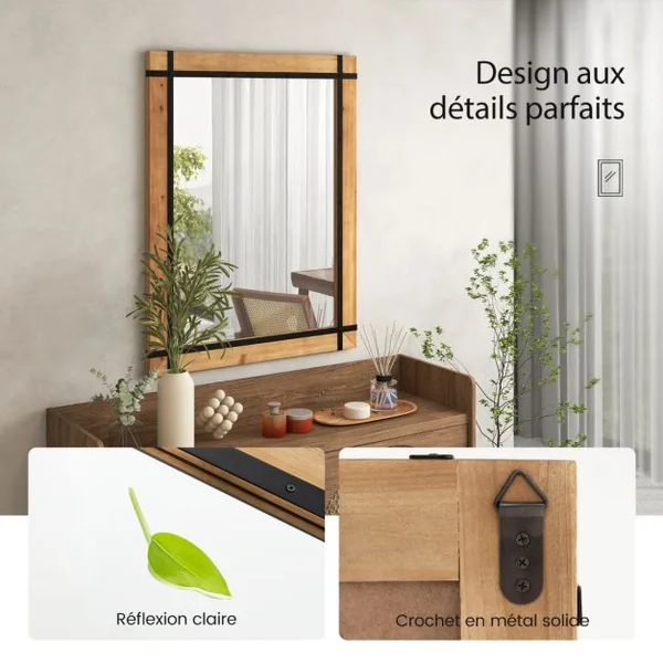 Miroir Décoratif à Cadre en Bois Miroir Mural Décoratif Rustique de 77 x 99,5 cm