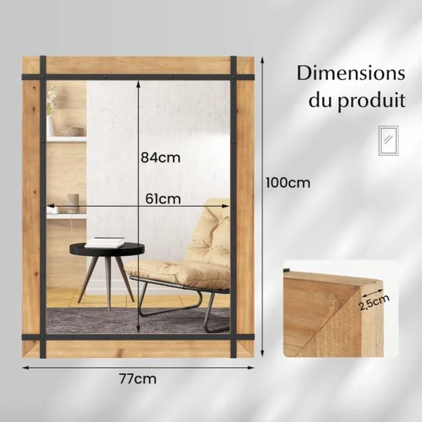 Miroir Décoratif à Cadre en Bois Miroir Mural Décoratif Rustique de 77 x 99,5 cm
