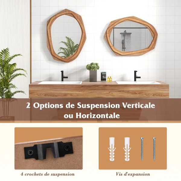 Miroir Décoratif à Cadre Irrégulier Grand Miroir Mural Imperméable de 89,5 x 66 Cm avec Vis d'Expansion Miroir Mural Élégant pour Salon Naturel