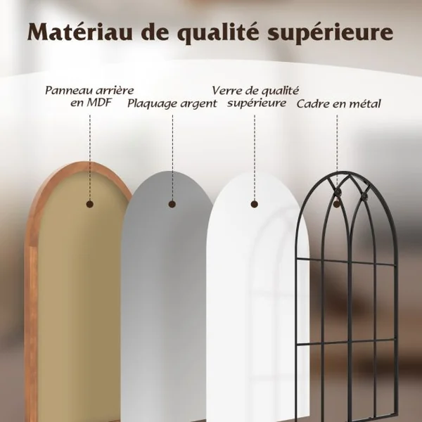 Miroir en Forme de Fenêtre Arquée Miroir Décoratif Mural 60 x 90 CM