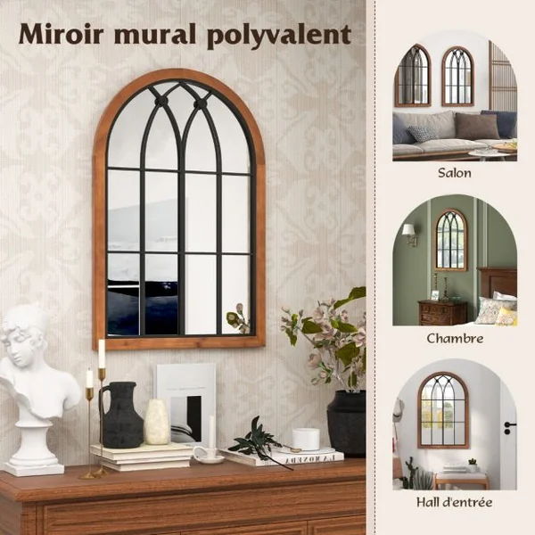 Miroir en Forme de Fenêtre Arquée Miroir Décoratif Mural 60 x 90 CM