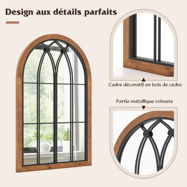 Miroir en Forme de Fenêtre Arquée Miroir Décoratif Mural 60 x 90 CM