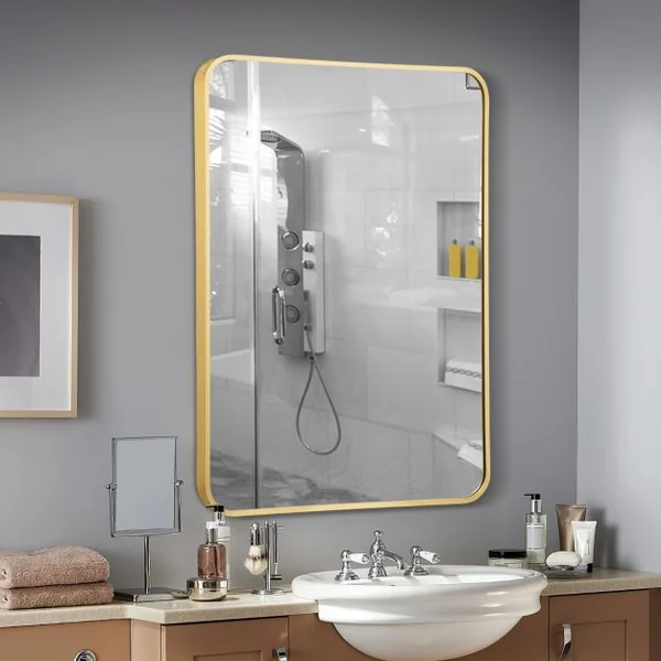 Miroir HD de Salle de Bain Mural 56 x 76,5 CM Cadre en Métal Bord Arrondis Noir