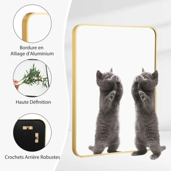 Miroir HD de Salle de Bain Mural 56 x 76,5 CM Cadre en Métal Bord Arrondis Noir