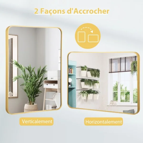 Miroir HD de Salle de Bain Mural 56 x 76,5 CM Cadre en Métal Bord Arrondis Noir
