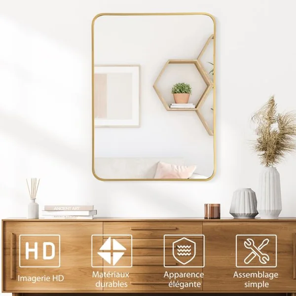 Miroir HD de Salle de Bain Mural 56 x 76,5 CM Cadre en Métal Bord Arrondis Noir