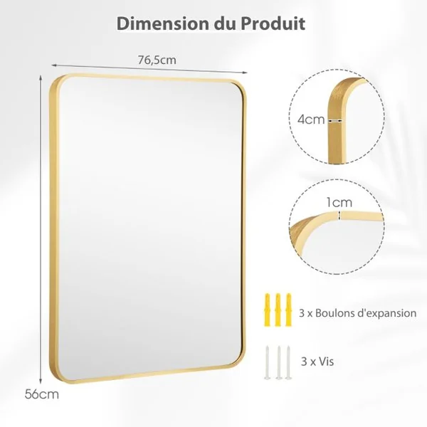 Miroir HD de Salle de Bain Mural 56 x 76,5 CM Cadre en Métal Bord Arrondis Noir