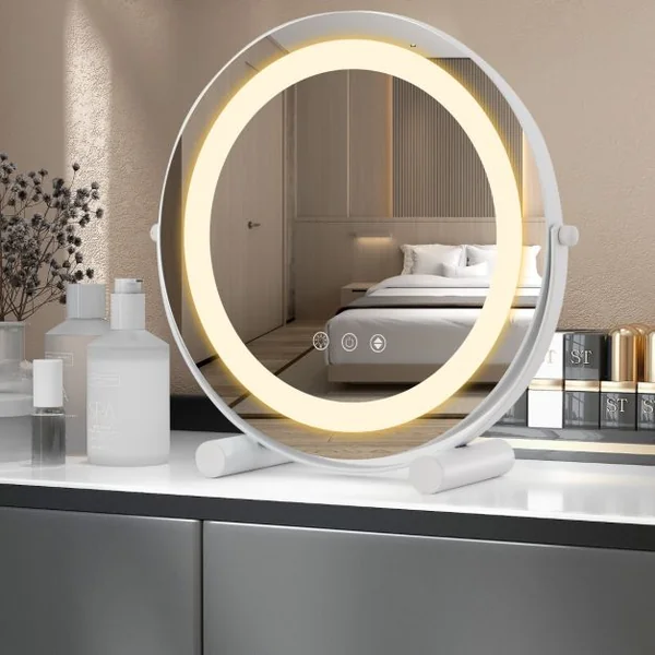 Miroir Maquillage 30CM Lumière LED Réglable Écran Tactile Rotation à 360° Fonction Mémoire Miroir Rond HD Blanc
