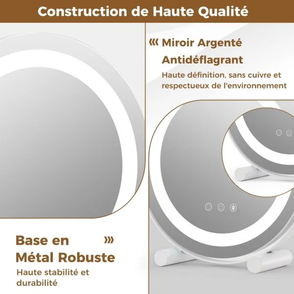 Miroir Maquillage 30CM Lumière LED Réglable Écran Tactile Rotation à 360° Fonction Mémoire Miroir Rond HD Blanc