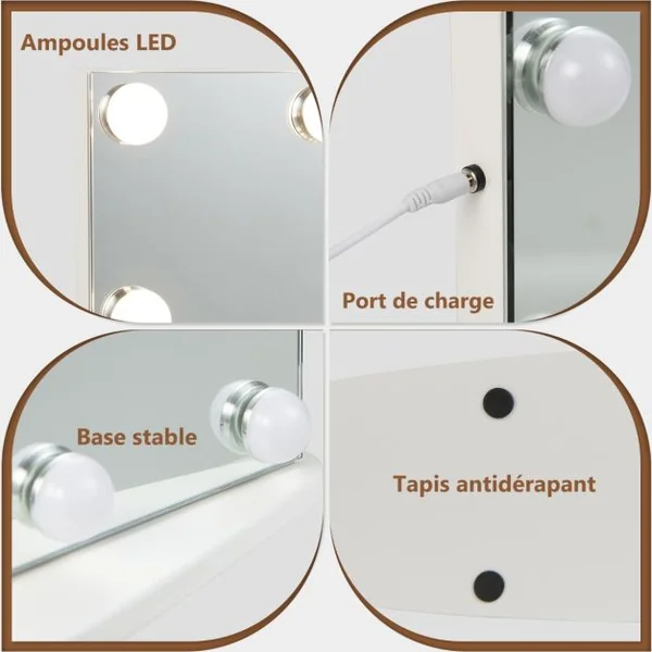 Miroir Maquillage Hollywood-18 Ampoules LED Tactile Grossissement 3x Éclairage Blanc Froid/Chaud/Neutre