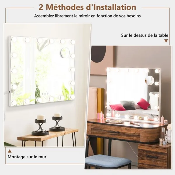 Miroir Maquillage Hollywood-18 Ampoules LED Tactile Grossissement 3x Éclairage Blanc Froid/Chaud/Neutre