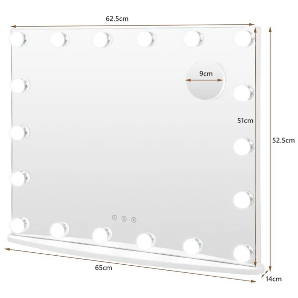 Miroir Maquillage Hollywood-18 Ampoules LED Tactile Grossissement 3x Éclairage Blanc Froid/Chaud/Neutre