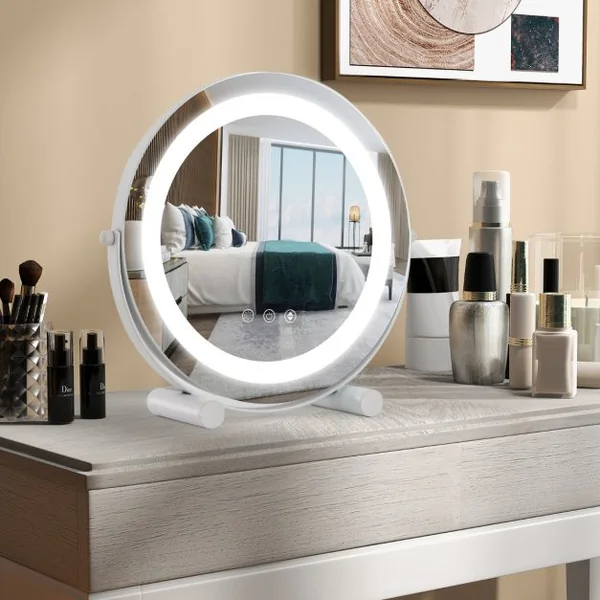 Miroir Maquillage Lumière LED Réglable 30CM Écran Tactile Rotation à 360° Fonction Mémoire Miroir Rond HD Blanc
