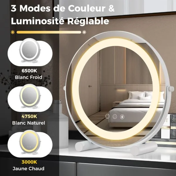 Miroir Maquillage Lumière LED Réglable 30CM Écran Tactile Rotation à 360° Fonction Mémoire Miroir Rond HD Blanc