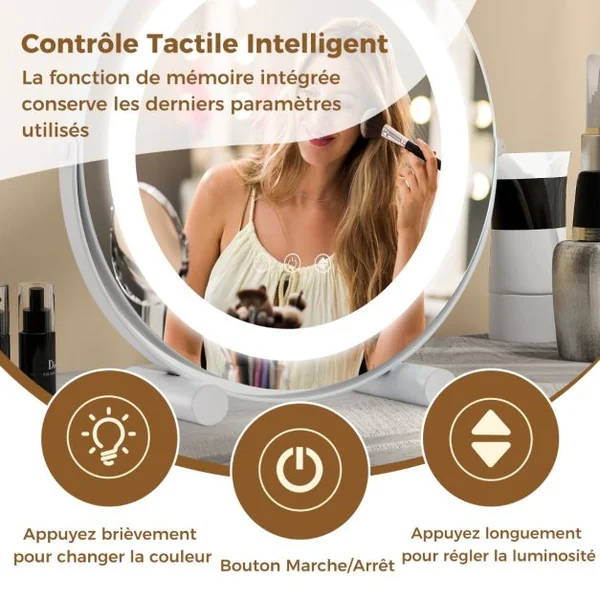 Miroir Maquillage Lumière LED Réglable 30CM Écran Tactile Rotation à 360° Fonction Mémoire Miroir Rond HD Blanc