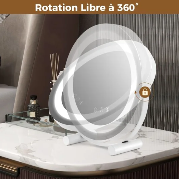 Miroir Maquillage Lumière LED Réglable 30CM Écran Tactile Rotation à 360° Fonction Mémoire Miroir Rond HD Blanc