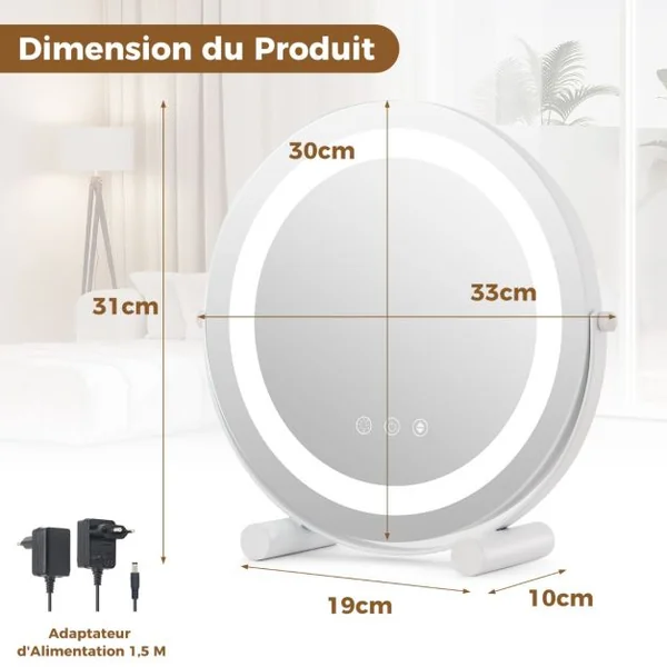 Miroir Maquillage Lumière LED Réglable 30CM Écran Tactile Rotation à 360° Fonction Mémoire Miroir Rond HD Blanc