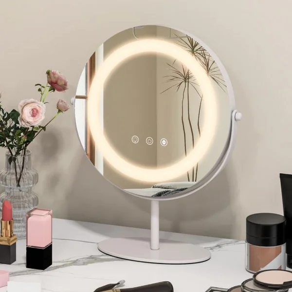 Miroir Maquillage Rond 25CM Lumière LED Réglable Écran Tactile Rotation à 360° Fonction Mémoire Support en Métal Blanc