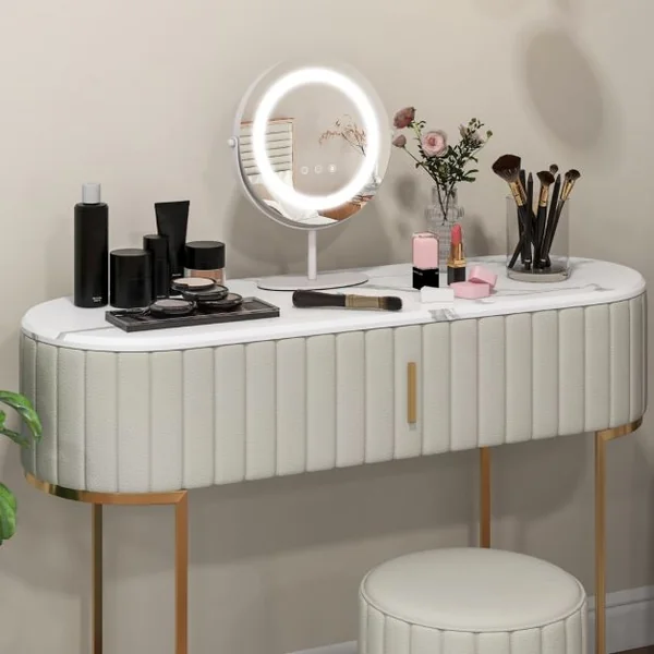 Miroir Maquillage Rond 25CM Lumière LED Réglable Écran Tactile Rotation à 360° Fonction Mémoire Support en Métal Blanc
