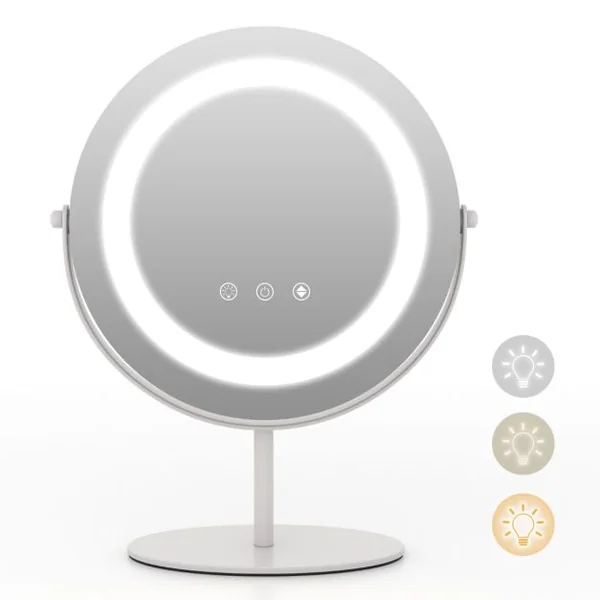 Miroir Maquillage Rond 25CM Lumière LED Réglable Écran Tactile Rotation à 360° Fonction Mémoire Support en Métal Blanc