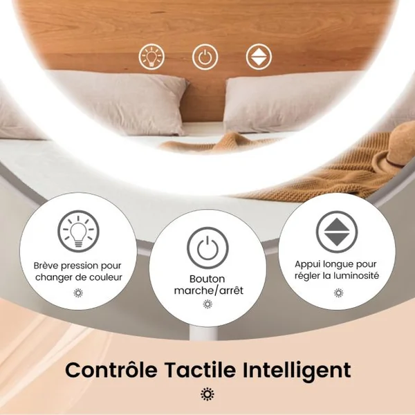 Miroir Maquillage Rond 25CM Lumière LED Réglable Écran Tactile Rotation à 360° Fonction Mémoire Support en Métal Blanc