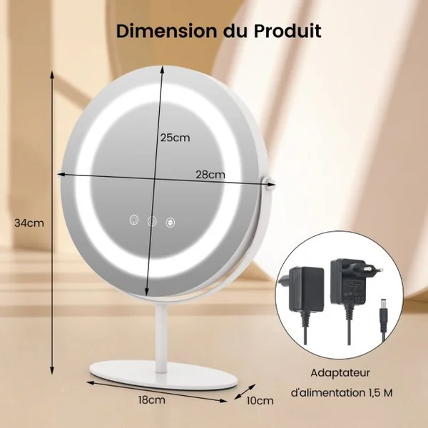 Miroir Maquillage Rond 25CM Lumière LED Réglable Écran Tactile Rotation à 360° Fonction Mémoire Support en Métal Blanc